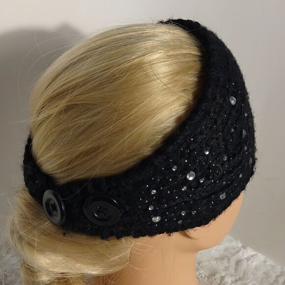 Black Knit Rhinestone Studded Ear Muff Headband - Picture 2 of 5